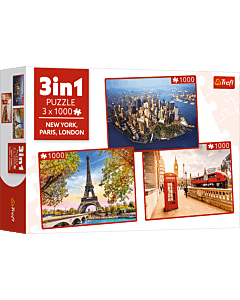 Puzzle 3x1000 el. Londyn, Nowy Jork, Paryż