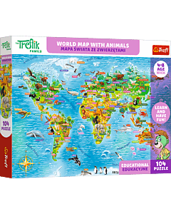 Puzzle Rodzina Treflik&oacute;w, Edukacyjne 104 el. Mapa świata ze zwierzętami / World Map with Animals - opakowanie 