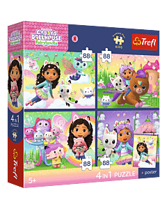 Puzzle Gabby's Dollhouse 4 x 88 el. Kocie harce + unikalny plakat - opakowanie 