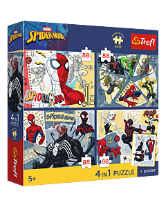 Puzzle Premium Plus Kids, Marvel 4 x 88 el. Sieć zabawy + kolekcjonerski plakat - opakowanie 