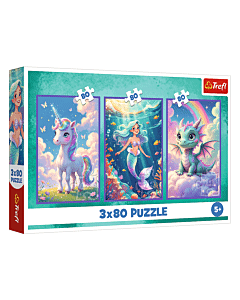 Puzzle 3x80 el. Jednorożec, Mała Syrenka, Smok - opakowanie 