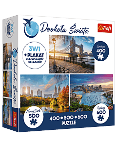 Puzzle 3w1 Krajobraz 400+500+600: Dookoła Świata: Londyn, Nowy Jork, Sydney