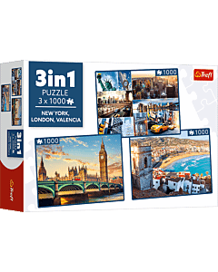 Puzzle 3x1000 el. Nowy Jork, Londyn, Walencja