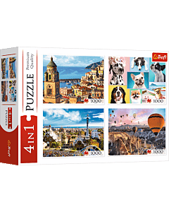 Puzzle 4x1000 el. Amalfi, Barcelona, Balony i Pieski