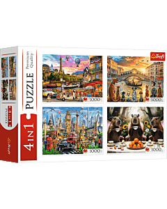 Puzzle 4x1000 el. Malowane miasta i Kapibary