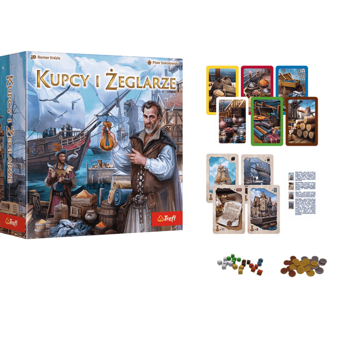 Gra rodzinna Kupcy i Żeglarze - opakowanie i elementy gry