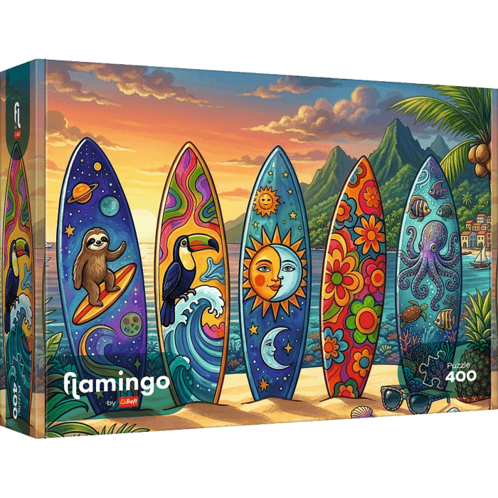 Puzzle 400 el. Flamingo by Trefl, Letnia przygoda na fali - opakowanie 