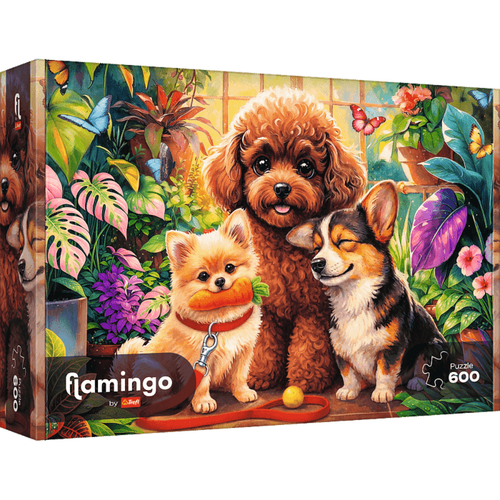 Puzzle 600 el. Flamingo by Trefl, Psy w oranżerii - opakowanie 