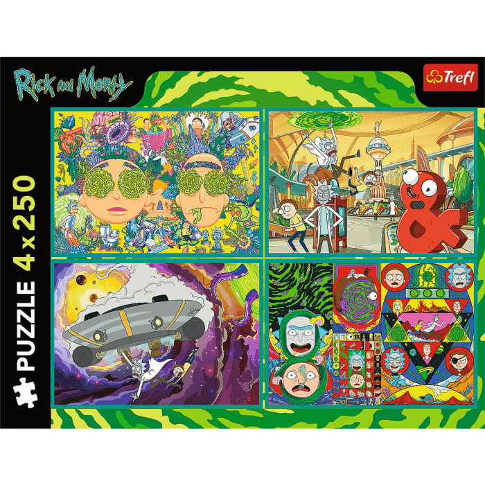 Puzzle Rick i Morty 4 x 250 el. Zakręcony świat Ricka i Morty'ego - przód opakowania