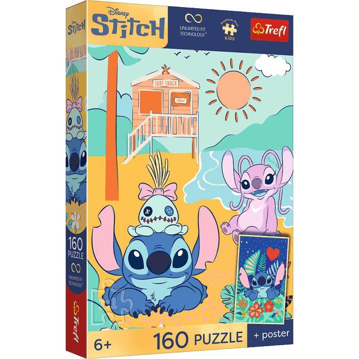 Puzzle Premium Plus Kids UFT, Lilo & Stitch 160 el. Stitch na fali + kolekcjonerski plakat  - opakowanie