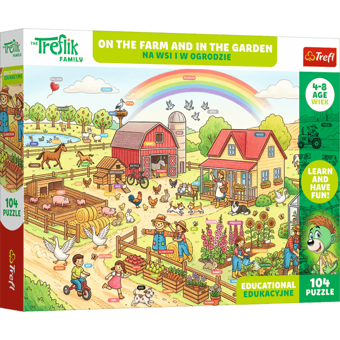 Puzzle Rodzina Treflików, Edukacyjne 104 el. Na wsi i w ogrodzie / On the farm and in the garden - opakowanie 