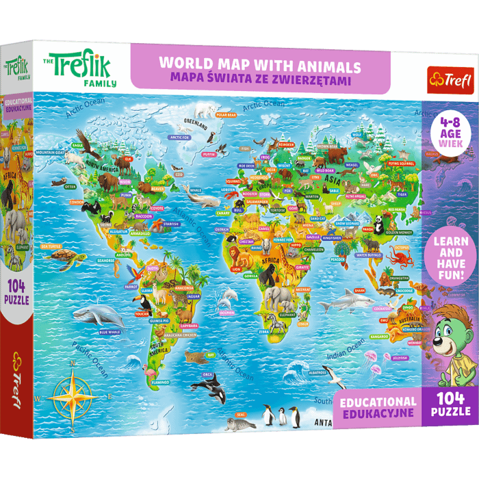 Puzzle Rodzina Treflików, Edukacyjne 104 el. Mapa świata ze zwierzętami / World Map with Animals - opakowanie 