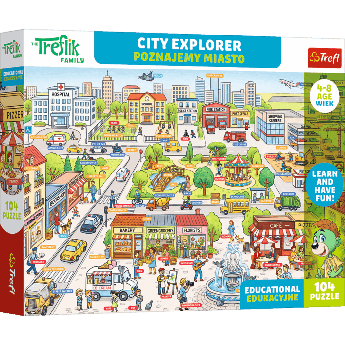 Puzzle Rodzina Treflików, Edukacyjne 104 el. Poznajemy miasto / City explorer - opakowanie 