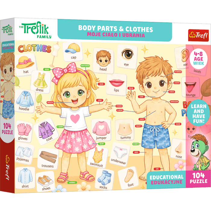 Puzzle Rodzina Treflików, Edukacyjne 104 el. Moje ciało i ubrania / Body parts & clothes - opakowanie 