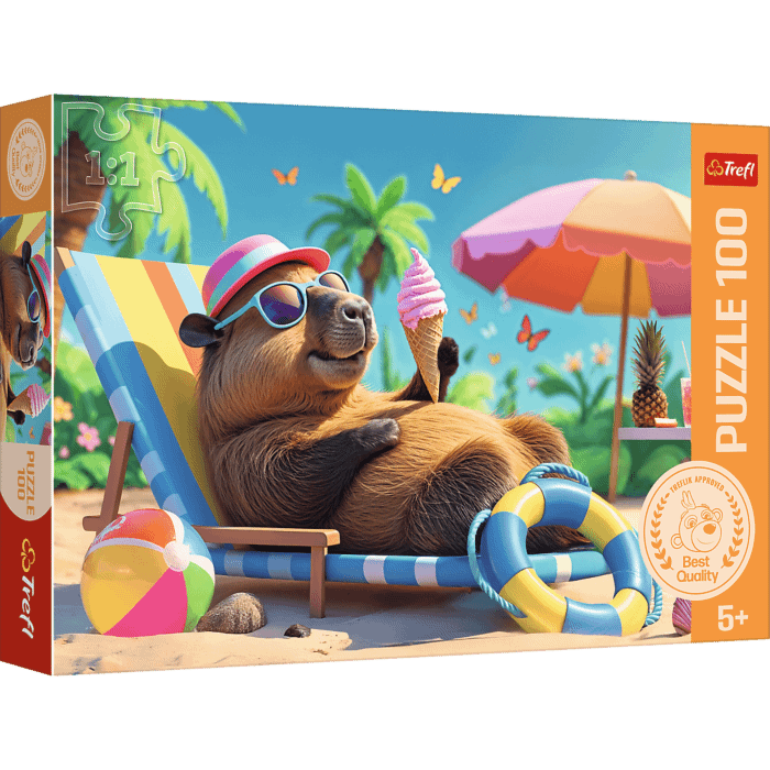 Puzzle Rodzina Treflików 100 el. Relaks w stylu kapibary - opakowanie Puzzle Rodzina Treflików 100 el. Relaks w stylu kapibary - opakowanie