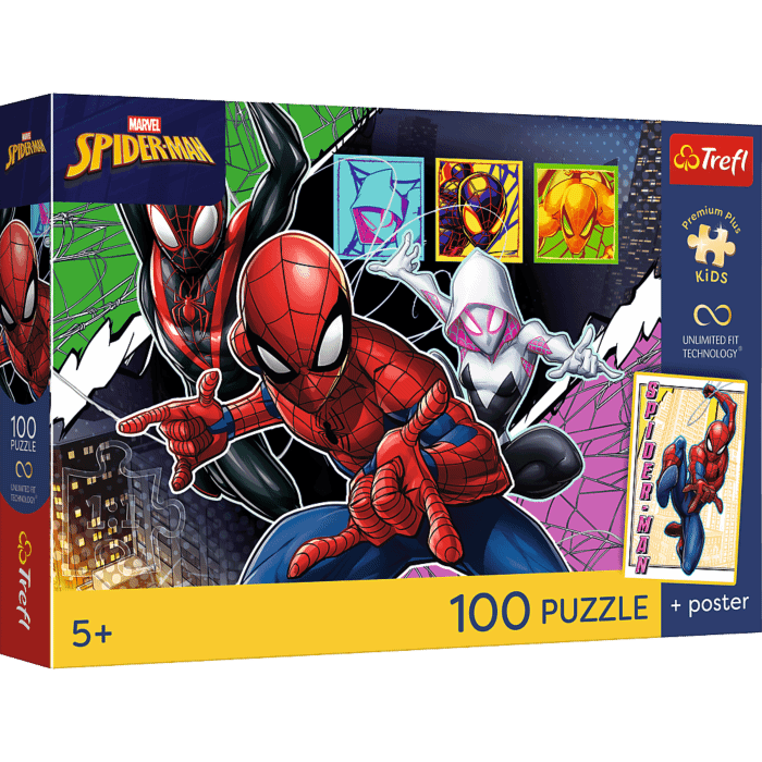 Puzzle Premium Plus Kids UFT, Marvel 100 el. Bohaterski pająk + kolekcjonerski plakat - opakowanie