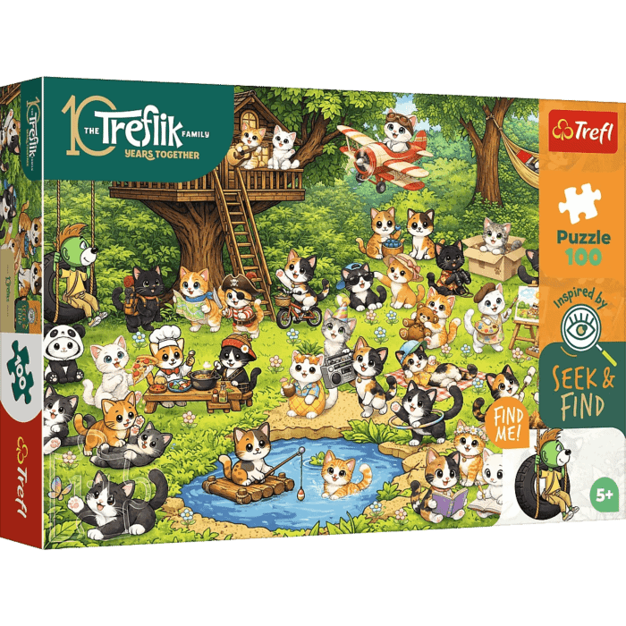 Puzzle Rodzina Treflików, Seek & Find 100 el. Koci świat - opakowanie 