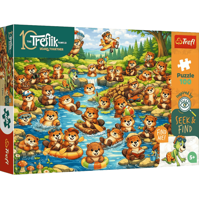 Puzzle Rodzina Treflików, Seek & Find 100 el. Bobry w akcji - opakowanie 