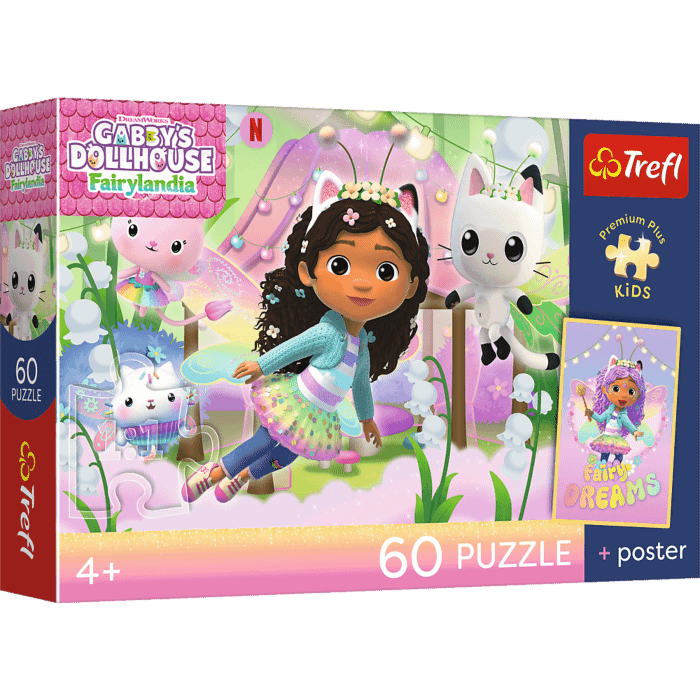 Puzzle 60 el. Gabby's Dollhouse, Gabi i kocie przygody + unikalny plakat - opakowanie 