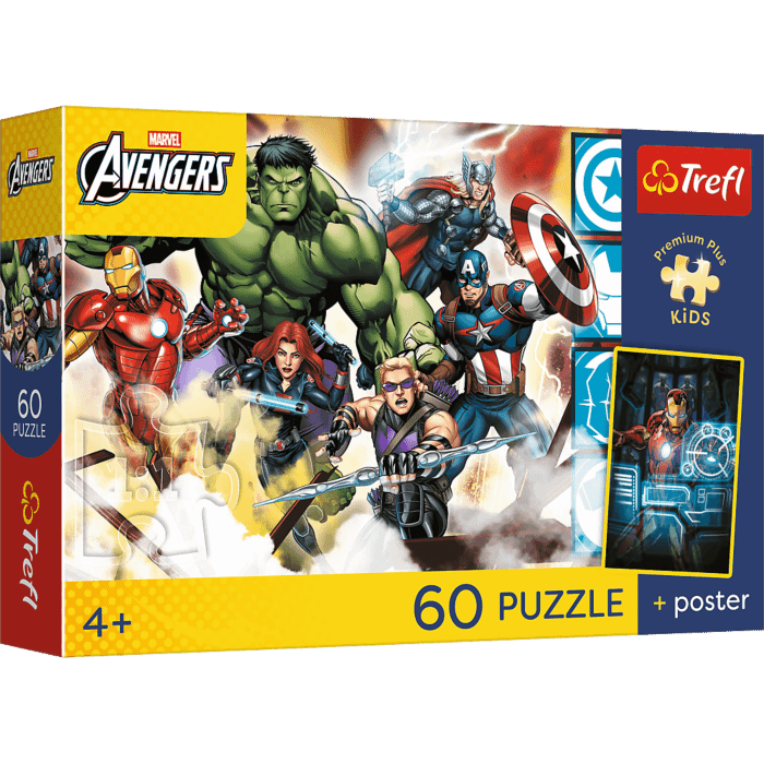 Puzzle Premium Plus Kids, Marvel 60 el. Razem silniejsi + kolekcjonerski plakat - opakowanie 