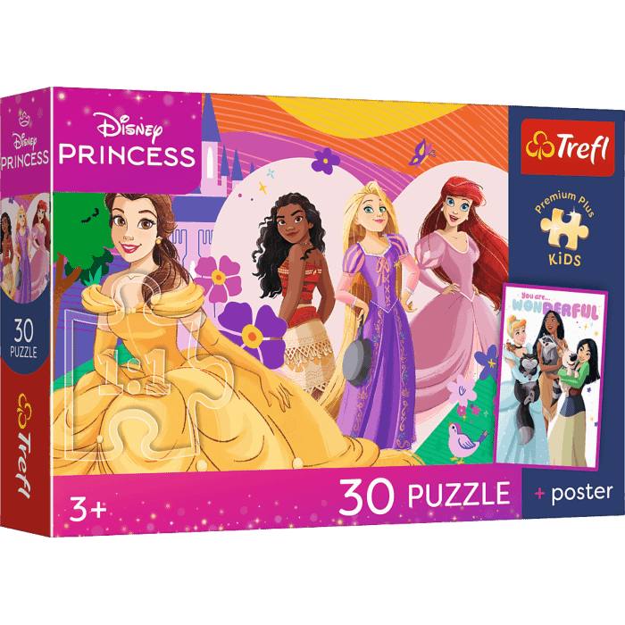 Puzzle Premium Plus Kids, Disney 30 el. Księżniczki i przyjaźń + kolekcjonerski plakat - opakowanie