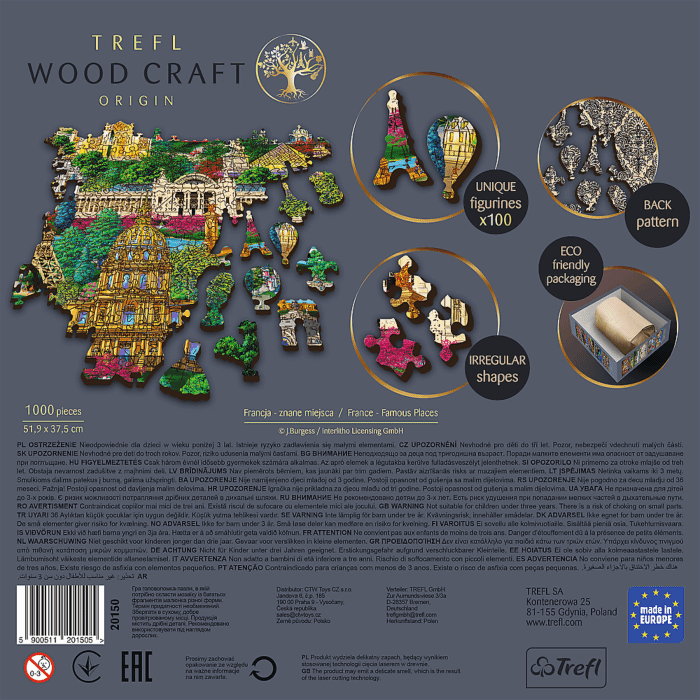 Tył pudełka Francja znane miejsca - Puzzle drewniane 1000 elementów Trefl
