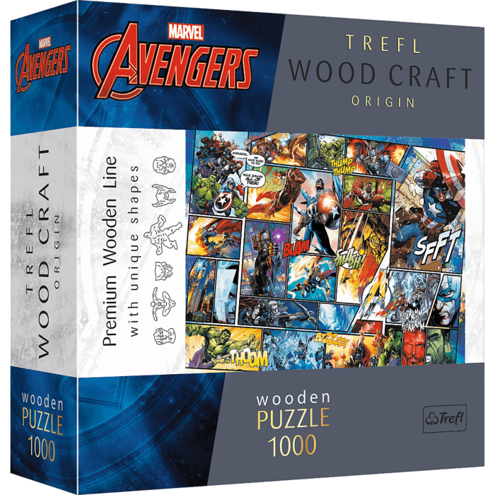 Opakowanie puzzli drewnianych o nazwie komiksowe uniwersum Marvela