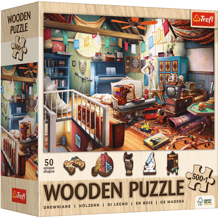 Puzzle drewniane 501 el. Skarby na strychu - opakowanie