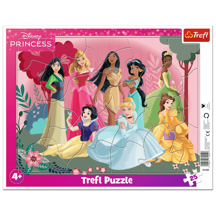 Puzzle ramkowe Disney 25 el. Czas księżniczek - opakowanie i zawartość 