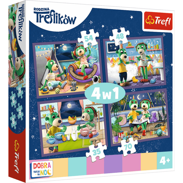 Puzzle 4w1, Wieczorne rytuały Treflików, Dobranoc Trefliki na noc - opakowanie Puzzle 4w1, Wieczorne rytuały Treflików, Dobranoc Trefliki na noc - opakowanie