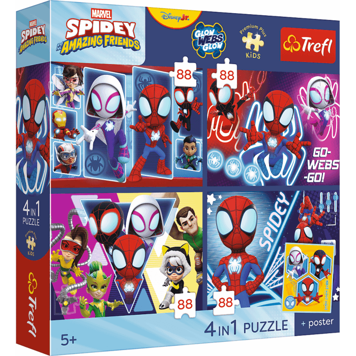Puzzle Premium Plus Kids, Marvel 4 x 88 el. Pajęczy dzień + kolekcjonerski plakat - opakowanie 