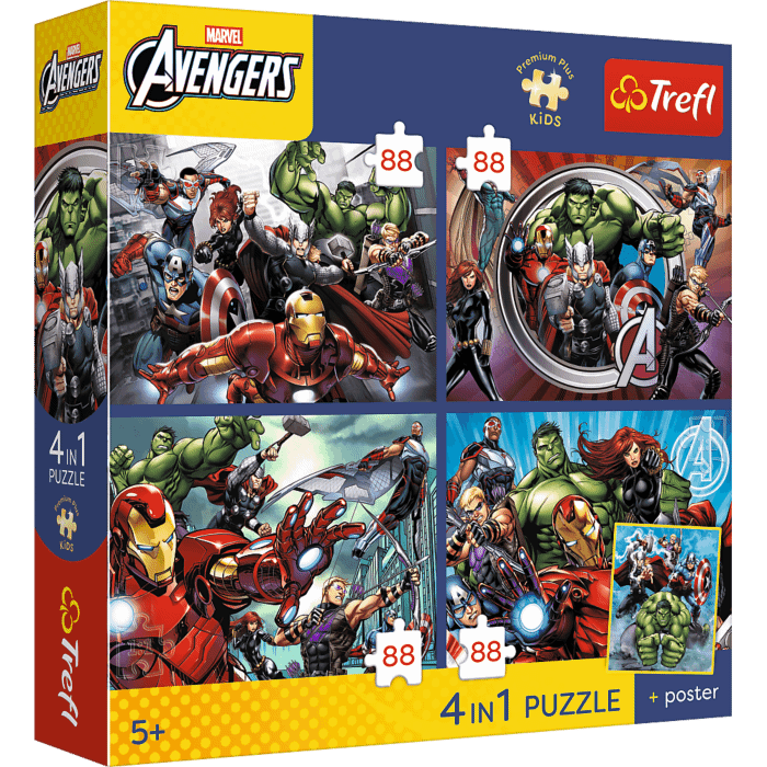 Puzzle Premium Plus Kids, Marvel 4 x 88 el. Bohaterowie są wśród nas + kolekcjonerski plakat - opakowanie 