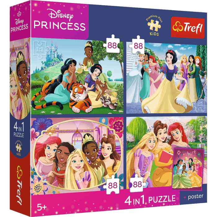 Puzzle Premium Plus Kids, Disney 4 x 88 el. Romantyczne księżniczki + kolekcjonerski plakat - opakowanie 