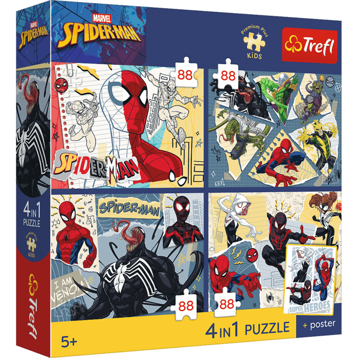 Puzzle Premium Plus Kids, Marvel 4 x 88 el. Sieć zabawy + kolekcjonerski plakat - opakowanie 