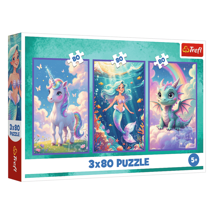 Puzzle 3x80 el. Jednorożec, Mała Syrenka, Smok - opakowanie 