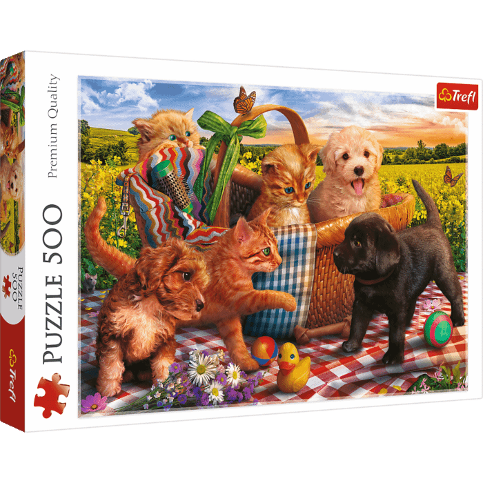 Puzzle 500 el. Koty i psy w koszyku
