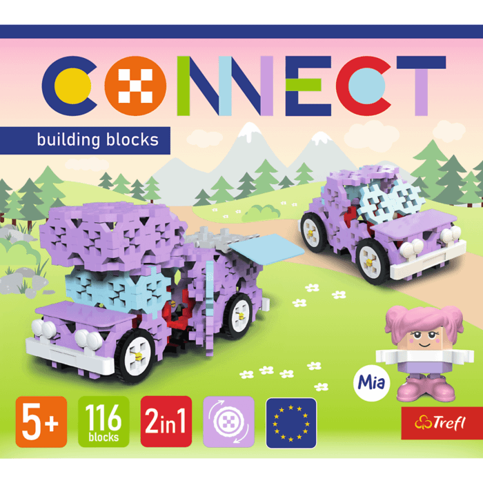 Zestaw klocków Connect 2w1: Kamper / Urocze autko - przód opakowania