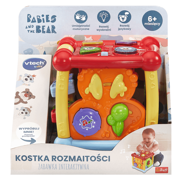 Zabawka interaktywna VTech Kostka Rozmaitości, Bobaski i Miś - przód opakowania
