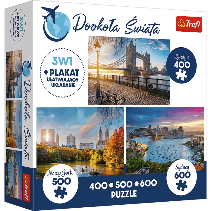 Puzzle 3w1 Krajobraz 400+500+600: Dookoła Świata: Londyn, Nowy Jork, Sydney