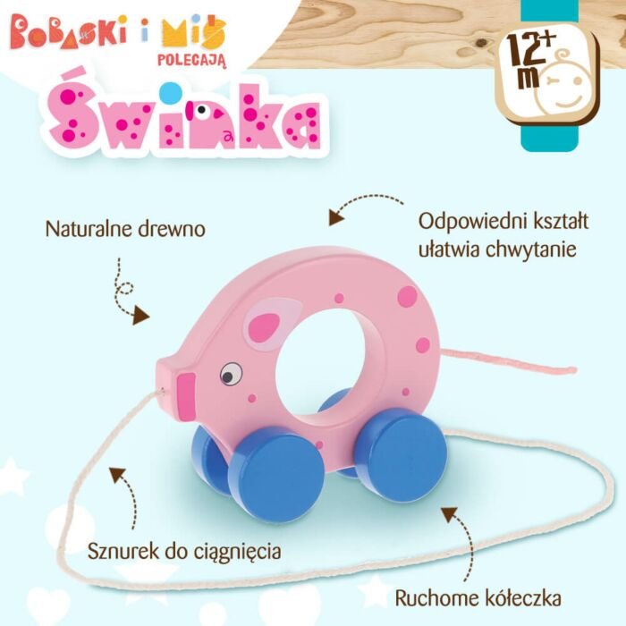 Świnka, zabawka drewniana ze sznurkiem - infografika 1