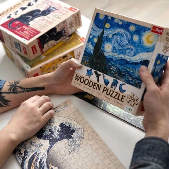 Puzzle drewniane 200 el. Gwiaździsta Noc, Vincent van Gogh - pudełko i puzzle