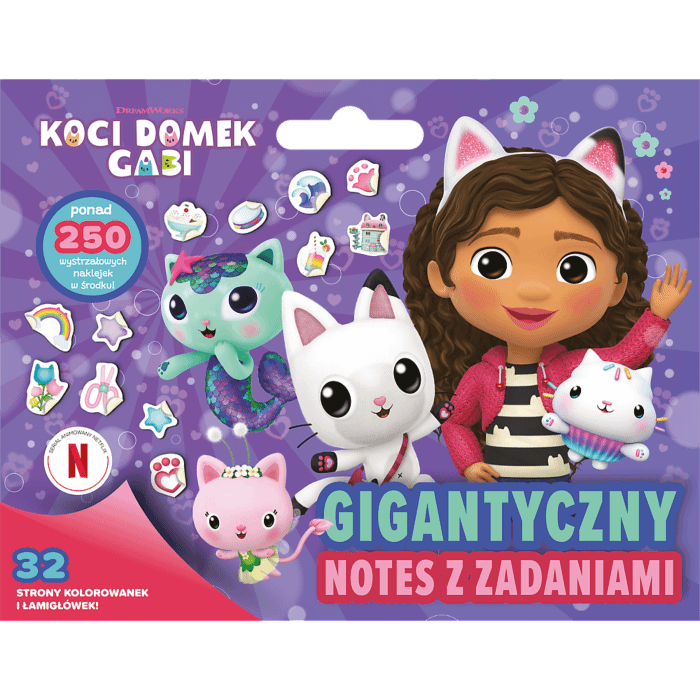 Książka aktywizująca Koci Domek Gabi. Gigantyczny notes z zadaniami - przód książki