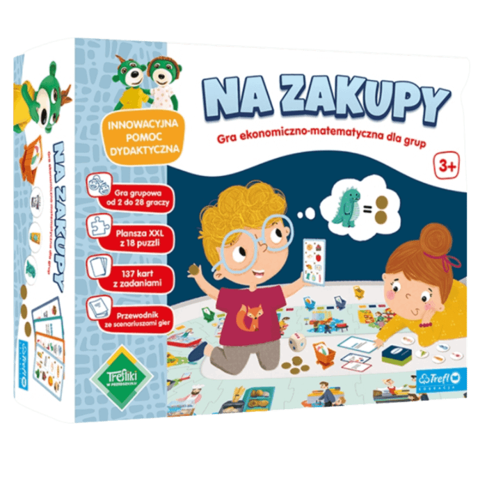 Gra edukacyjna ekonomiczno-matematyczna dla grupy Na zakupy, Rodzina Treflików - opakowanie Gra edukacyjna ekonomiczno-matematyczna dla grupy Na zakupy, Rodzina Treflików - opakowanie