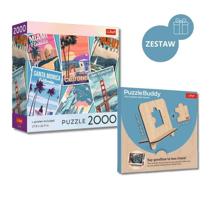 Zestaw dla miłośników podróży: Puzzle 2000 el. Journey Through the USA i drewniana podstawka do puzzli - zestaw