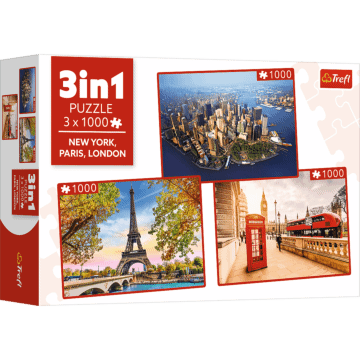 Puzzle 3x1000 el. Londyn, Nowy Jork, Paryż