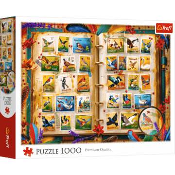 Puzzle 1000 el. Kolekcja znaczków - atlas ptaków - opakowanie 