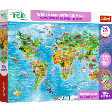 Puzzle Rodzina Treflików, Edukacyjne 104 el. Mapa świata ze zwierzętami / World Map with Animals - opakowanie 