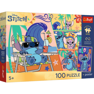 Puzzle Premium Plus Kids UFT, Lilo&Stitch 100 el. Plażowe dni + kolekcjonerski plakat - opakowanie 