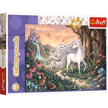 Puzzle Glitter 100 el. Tęczowy blask jednorożca - opakowanie 