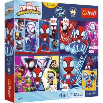 Puzzle Premium Plus Kids, Marvel 4 x 88 el. Pajęczy dzień + kolekcjonerski plakat - opakowanie 